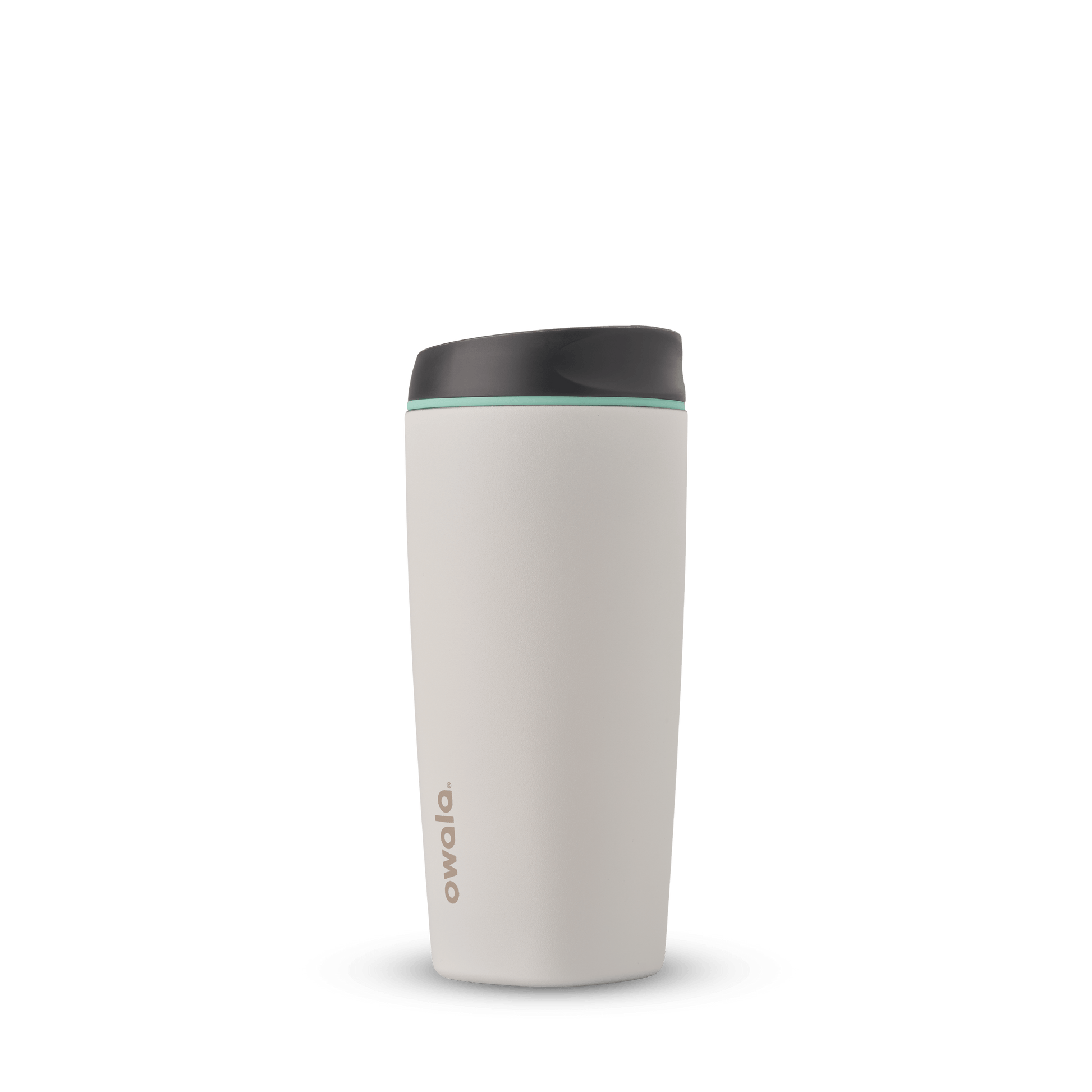 SmoothSip 20oz in Cloudscape, off-white cream tumbler body with charcoal gray flip-style lid and mint green accent ring